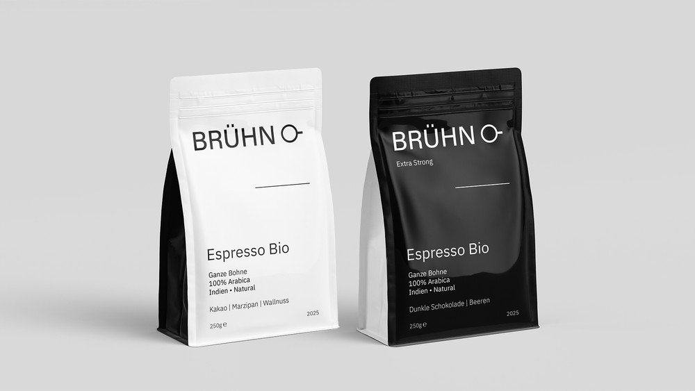 Brühn Espresso-Bio-Verpackung in Weiß und Schwarz (Extra Strong)