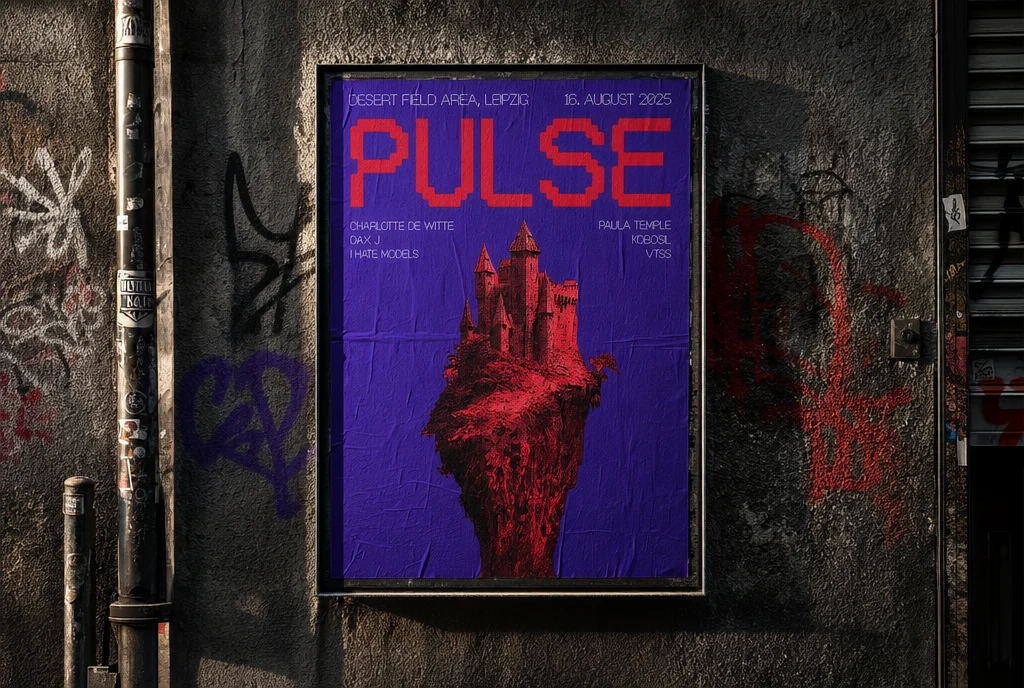 Pulse-2025-Plakat in Violett und Rot an einer Graffiti-Wand